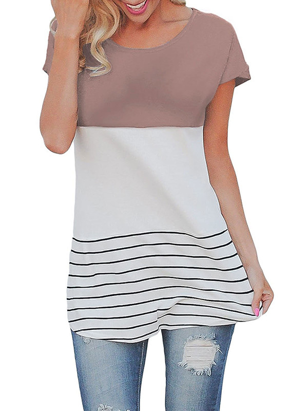 Khaki Casual Color Block Lace Inset Blouses