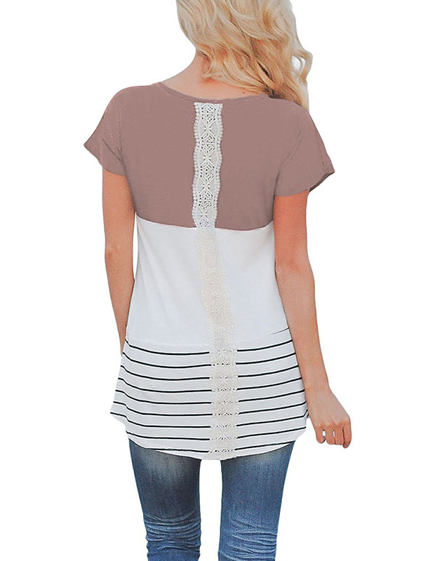 Khaki Casual Color Block Lace Inset Blouses