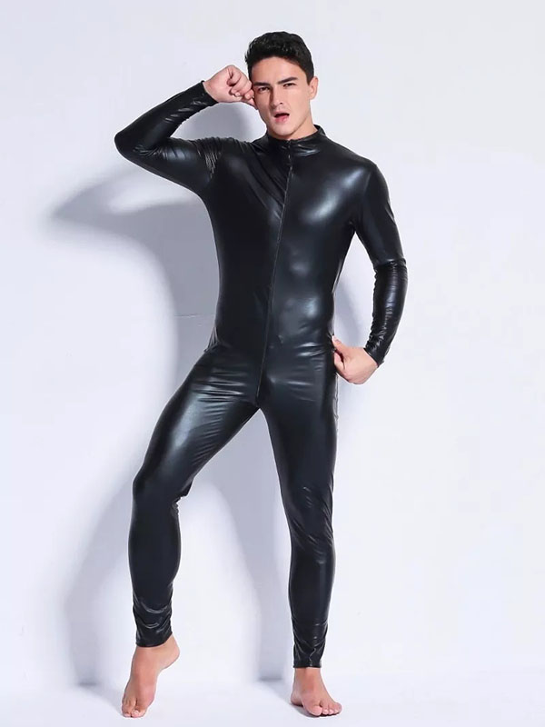 Long Black Men Leather Vinyl Jumpsuit