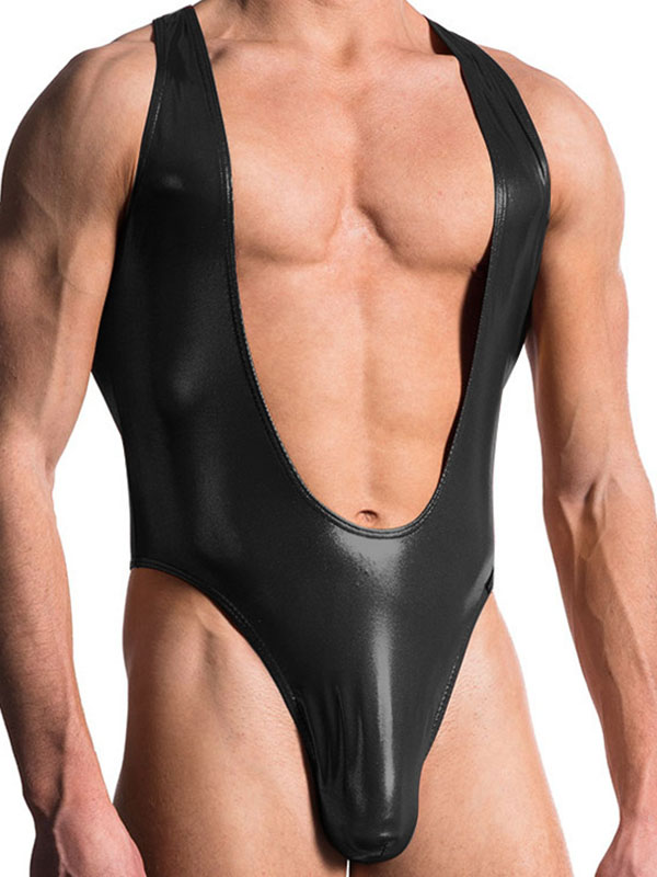Men Sexy Leather Lingerie Wrestling Singlet Struggles Bodysuit