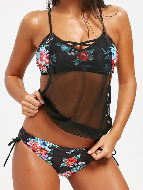 Multi Printed Adjustable Shoulder Straps Low-waist Swimwear