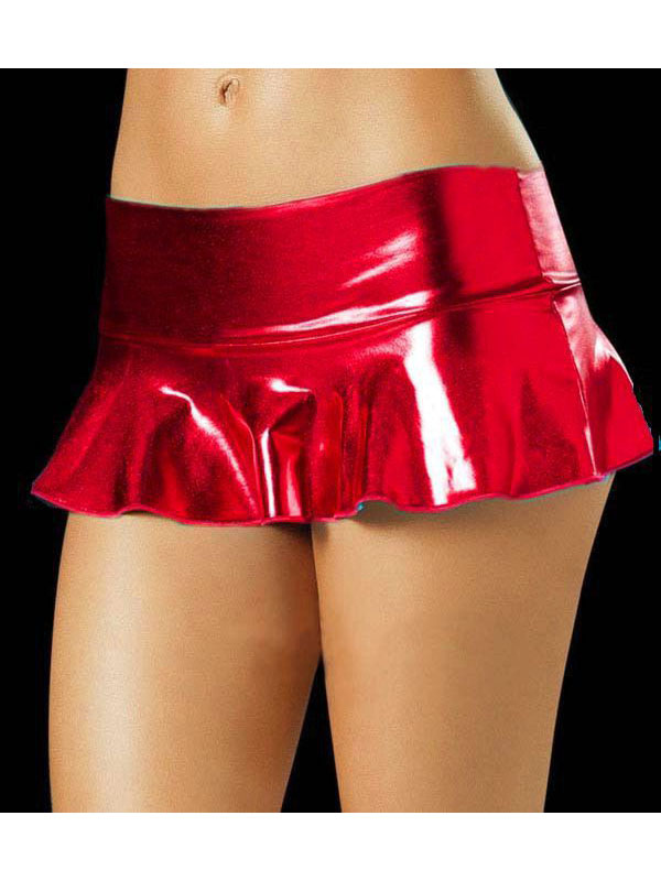 Red Pleated Wet Look Mini Skirt
