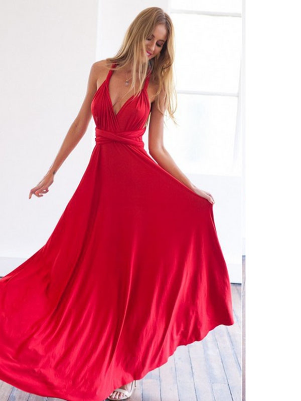 Red Sleeveless  Backless V-Neck Maxi Evening Dress