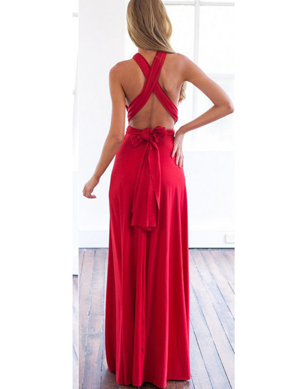 Red Sleeveless  Backless V-Neck Maxi Evening Dress