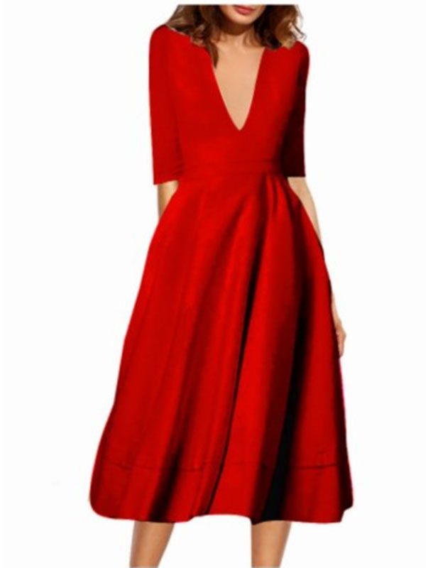 Wmen V-neck Half Sleeves A-line Dress Red