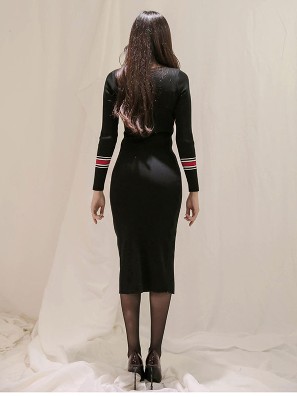 Women Elegant Long Sleeve Mid Calf Dress Black