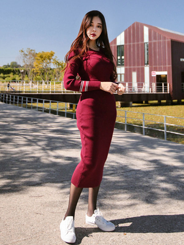 Women Elegant Long Sleeve Mid Calf Dress Red