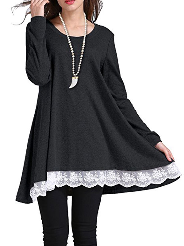 Women Long Sleeves Loose Casual T-shirt Dress Black