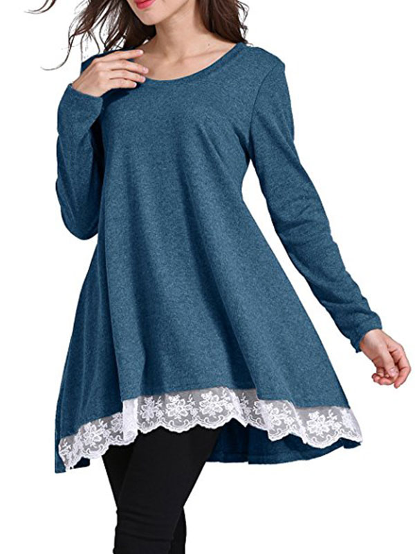 Women Long Sleeves Loose Casual T-shirt Dress Blue