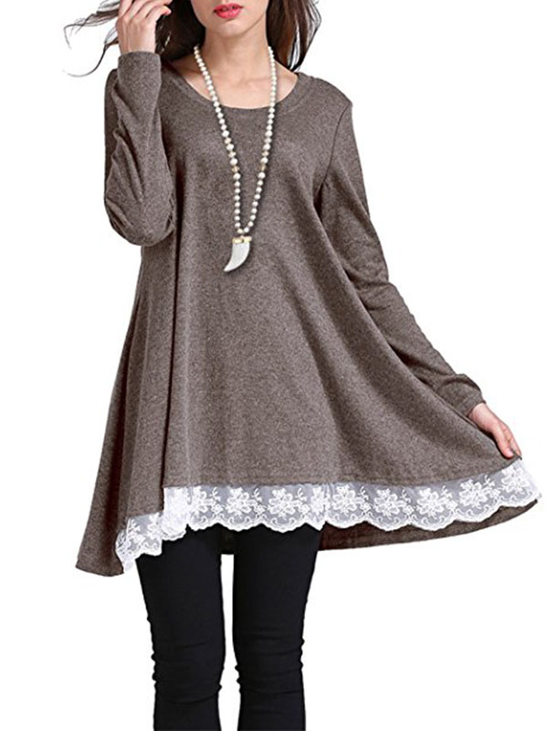 Women Long Sleeves Loose Casual T-shirt Dress Grey