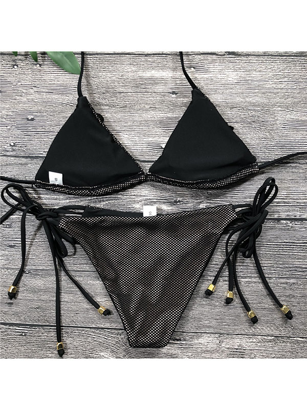 Women Sexy Beachwear Adjustable Halter Neck Bikini Black