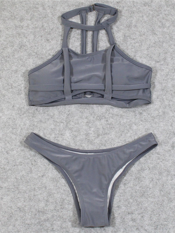 Women Sexy Plain Stretchy Bikini Set Swimwear Grey