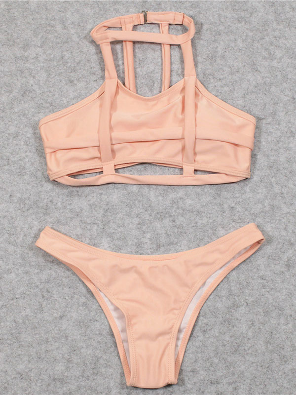 Women Sexy Plain Stretchy Bikini Set Swimwear Pink