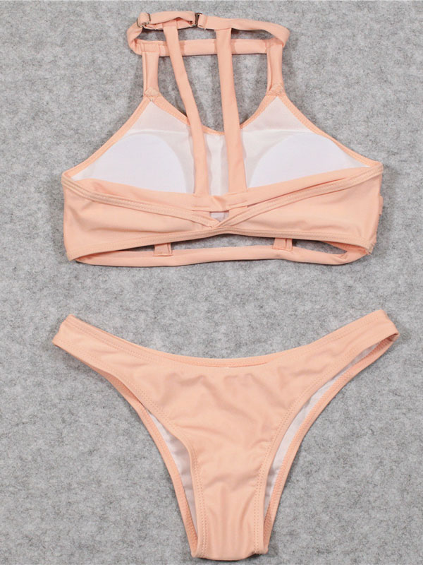 Women Sexy Plain Stretchy Bikini Set Swimwear Pink