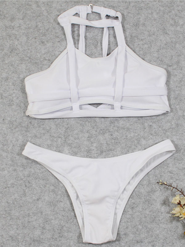 Women Sexy Plain Stretchy Bikini Set Swimwear White