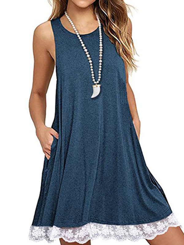 Women Sleeveless Loose Casual Blue Dress