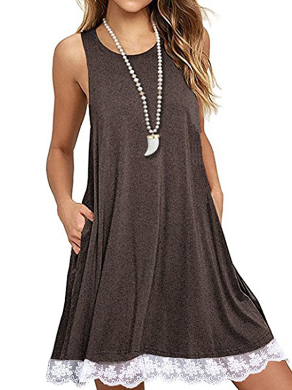 Women Sleeveless Loose Casual Brown Dress