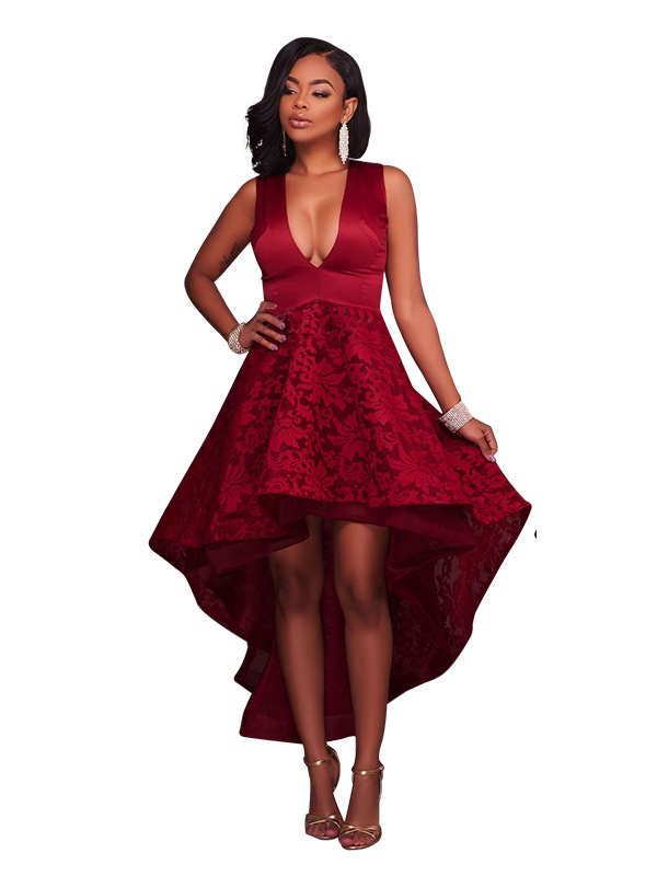 Women V-neck Sleeveless Sexy Party Dress Red