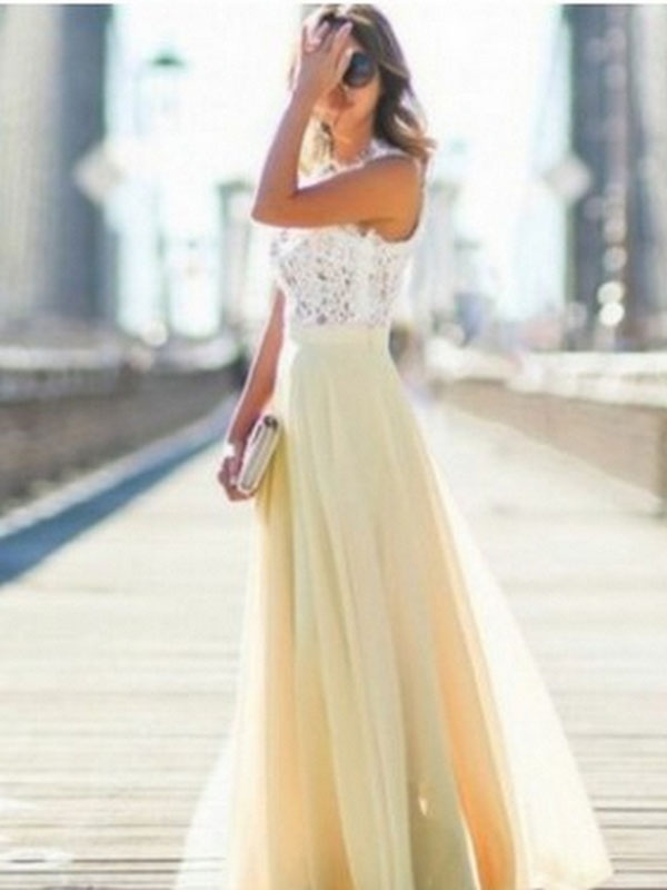 Yellow Elegant Lace Summer Sleeveless  Maxi Evening Dress