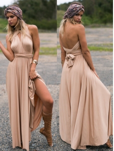 Apricot Sleeveless  Backless V-Neck Maxi Evening Dress