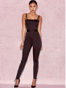 Black Backless Cross Strips Side Jumpsuit