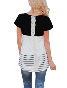 Black Casual Color Block Lace Inset Blouses