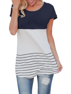Blue Casual Color Block Lace Inset Blouses