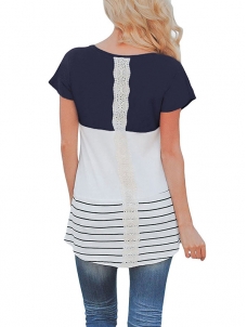 Blue Casual Color Block Lace Inset Blouses