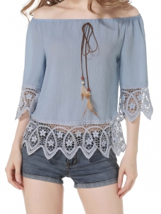 Blue Petal Sleeve Slash Collar Chiffon Blouses