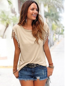 Bronw Summer Short Sleeve Tassel Blouses