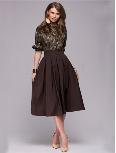 Brwon Elegant A-Line Skirt Short Sleeve Evening Dress