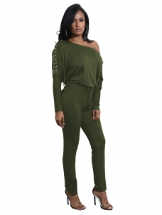Dew Shoulder Lace-up Blends Jumpsuits Green