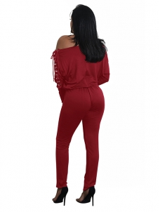 Dew Shoulder Lace-up Blends Jumpsuits Wine Red