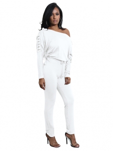 Dew Shoulder Lace-up Blends Jumpsuits White