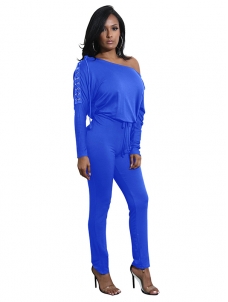 Dew Shoulder Lace-up Blends Jumpsuits Blue