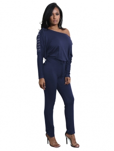Dew Shoulder Lace-up Blends Jumpsuits Dark Blue