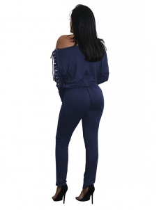 Dew Shoulder Lace-up Blends Jumpsuits Dark Blue