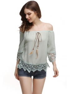 Green Petal Sleeve Slash Collar Chiffon Blouses