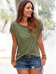 Green Summer Short Sleeve Tassel Blouses