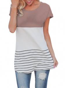 Khaki Casual Color Block Lace Inset Blouses