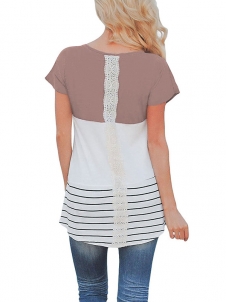 Khaki Casual Color Block Lace Inset Blouses