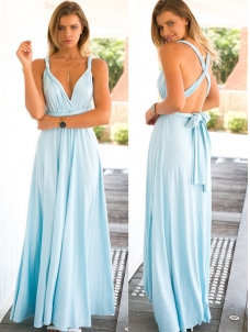 Light Blue Sleeveless  Backless V-Neck Maxi Evening Dress