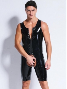 Male Catsuit Wetlook Leather Playsuit Crotchless