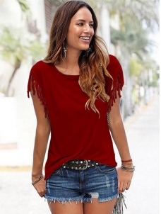 Red Summer Short Sleeve Tassel Blouses