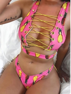 Sexy Lace Up Bra Side Open Two Piece Thong Bikini Sets
