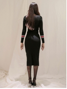 Women Elegant Long Sleeve Mid Calf Dress Black