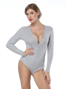 Women Long Sleeves Soft Cotton Fabric Jumpsuit Grey