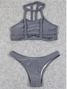 Women Sexy Plain Stretchy Bikini Set Swimwear Grey