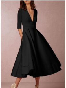Women V-neck Half Sleeves A-line Dress Black