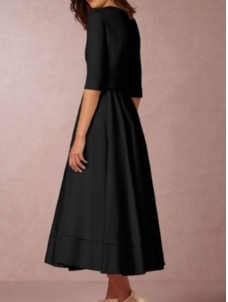 Women V-neck Half Sleeves A-line Dress Black